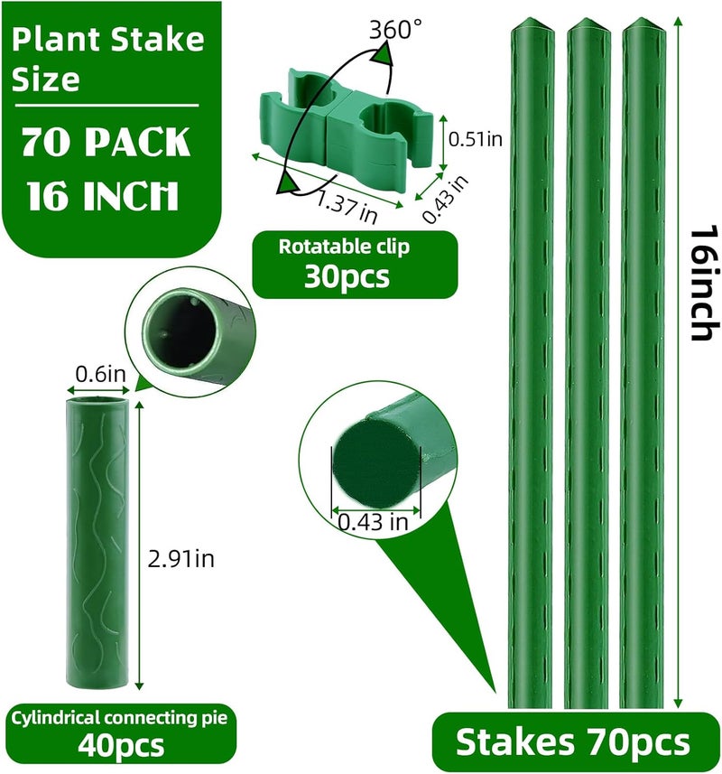 Fabulas Garden Stakes 16 Inch 70 Pack, Diy 4ft 5ft 6ft 7ft 8ft Tomato Stakes Plastic Coated Metal Plant Sticks Stakes Supports with 40 Connectors 30 Rotatable Clips for Indoor Outdoor Plants Vegetable - Image 2